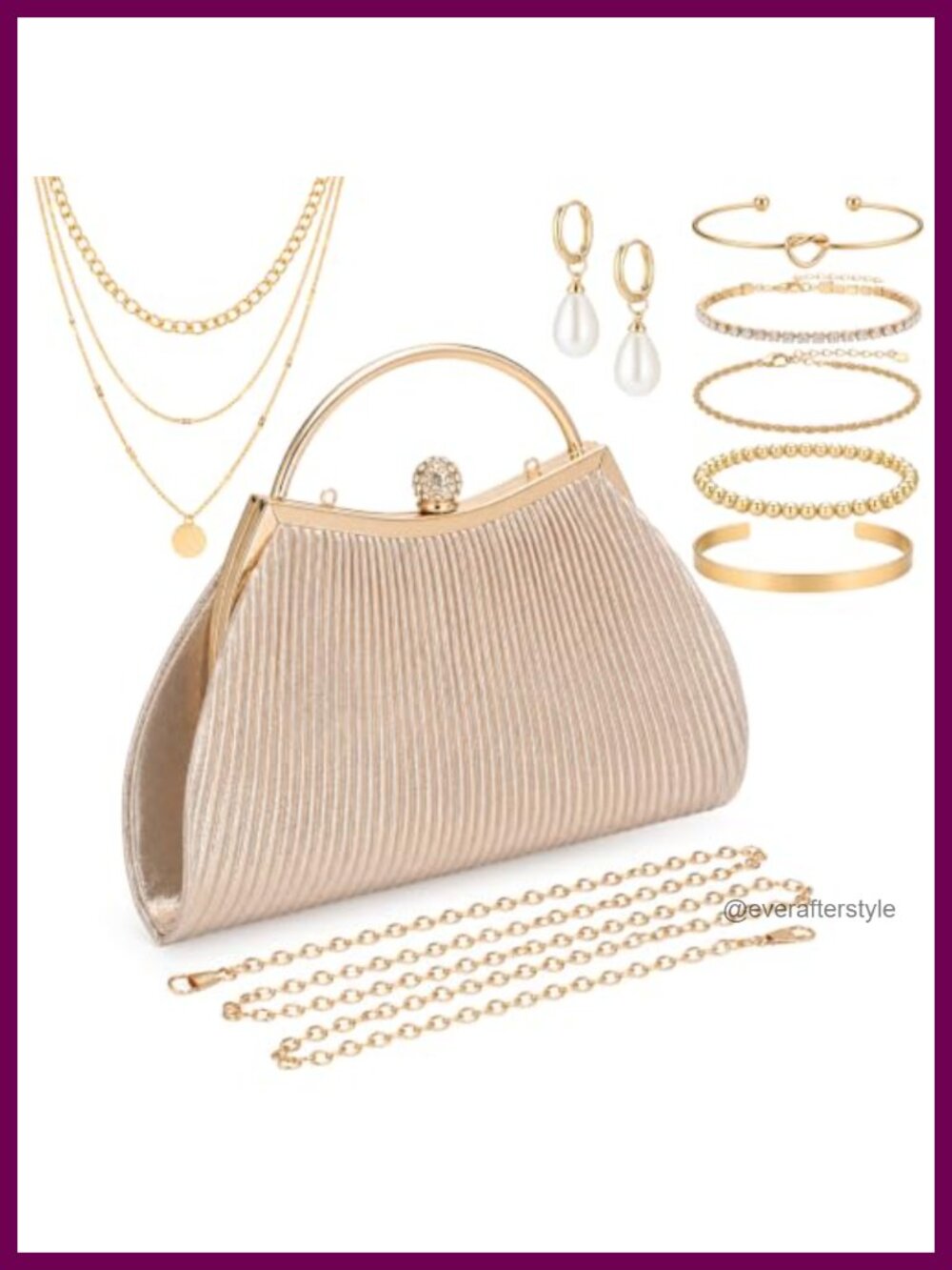 Women's Evening Clutch Purse Set Pearl Earrings Gold Layered Necklace Bracelet